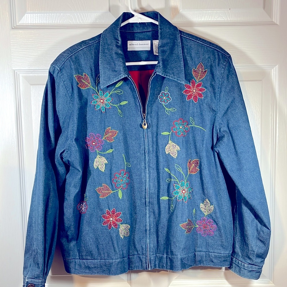 JEAN JACKET Denim Embellished Beads Embroidered Alfred Dunner Petite Women’s 14